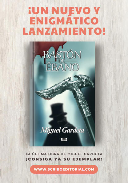 &quot;Bastón de Ébano&quot; book cover, writted by Miguel Gardeta. Mysteries and murder await you in this book where the worlds of Jack the Ripper and H.H. Holmes connect.